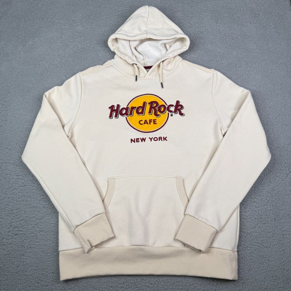 Hard Rock Cafe New York Hoodie Mens Medium Cream Pullover Fleece Sweatshirt